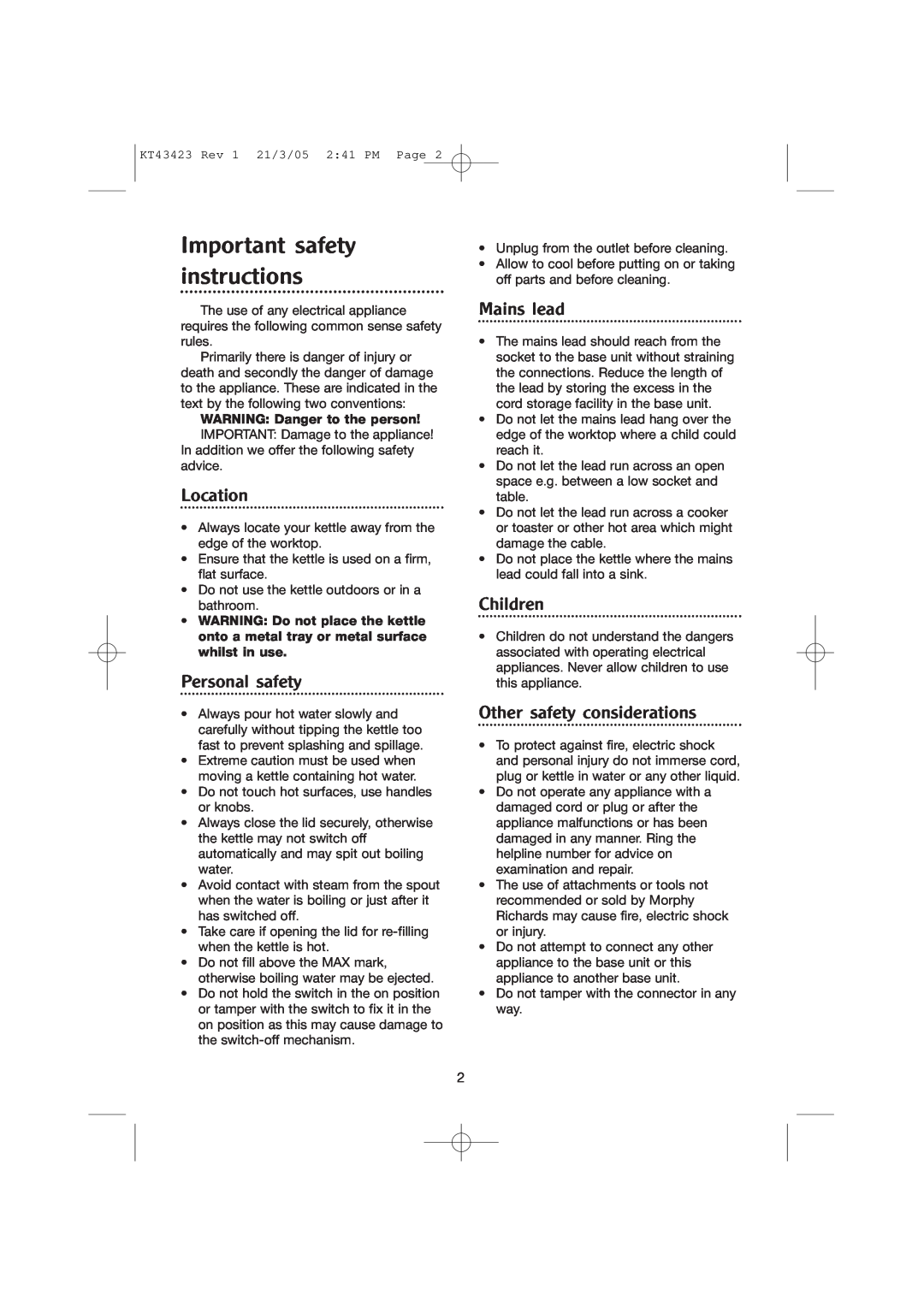 Morphy Richards Kettle manual Important safety instructions, Location, Personal safety, Mains lead, Children 