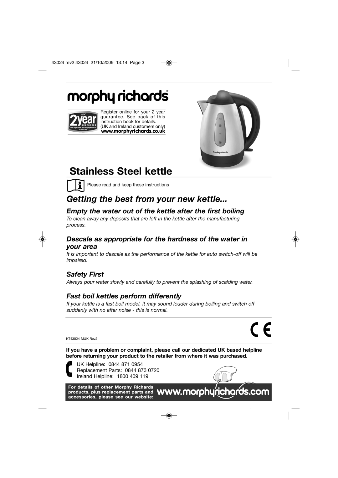 Morphy Richards KT43024 manual Stainless Steel kettle 