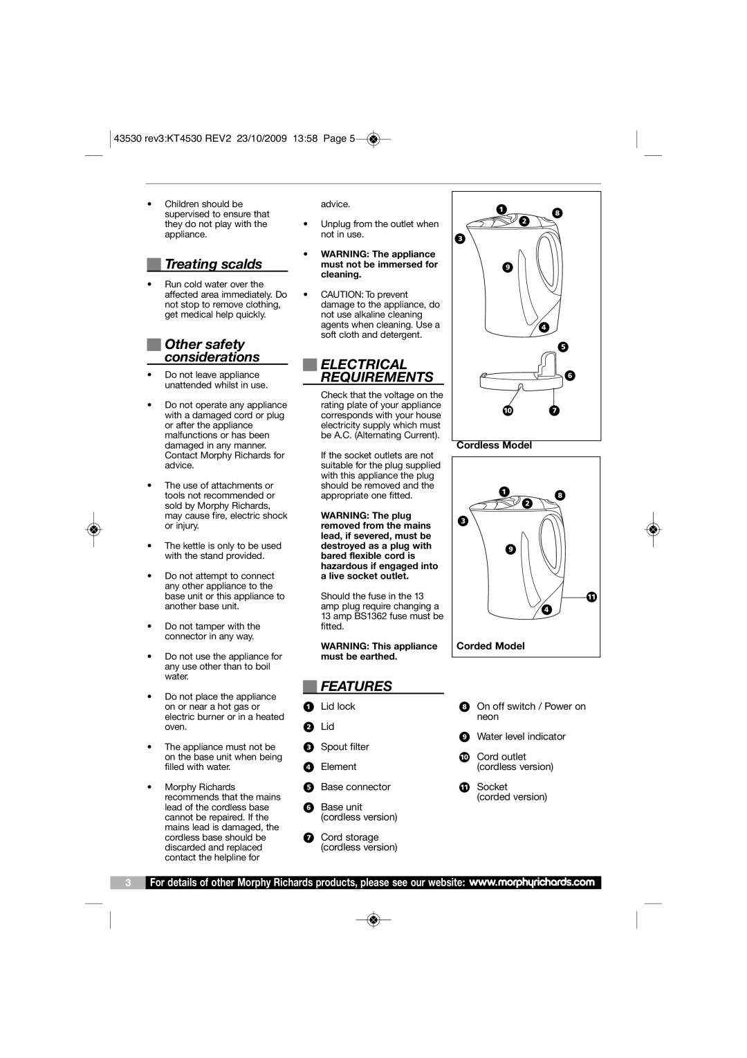 Morphy Richards KT43530 manual Treating scalds, Other safety considerations, Electrical Requirements, Features 