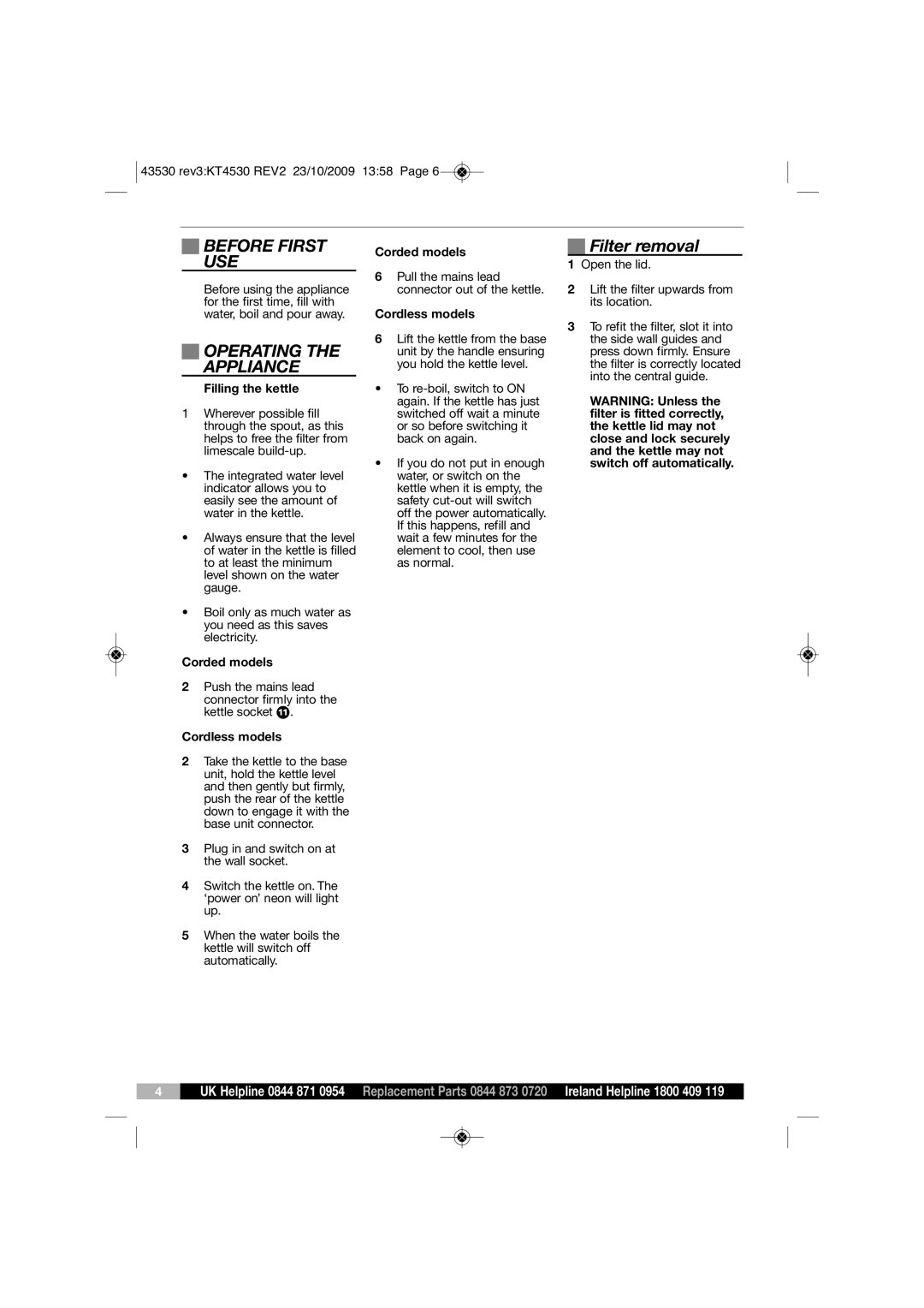 Morphy Richards KT43530 manual Before First USE, Operating the Appliance, Filter removal 