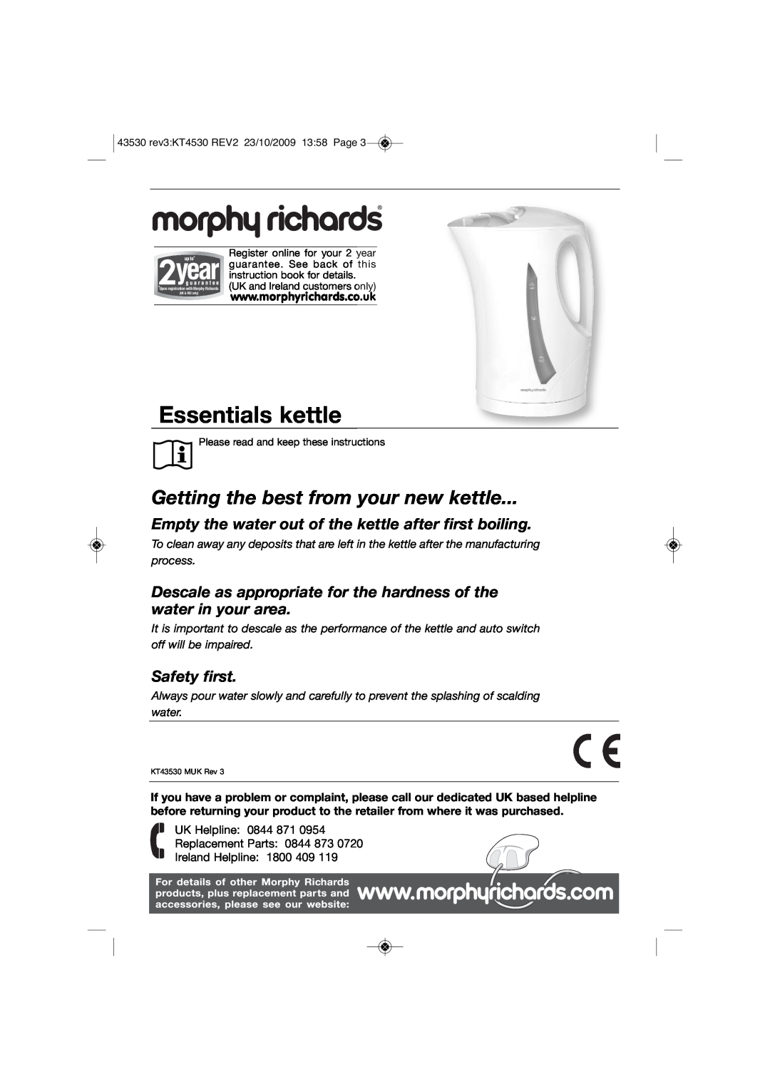 Morphy Richards KT43530 manual Essentials kettle, Getting the best from your new kettle 