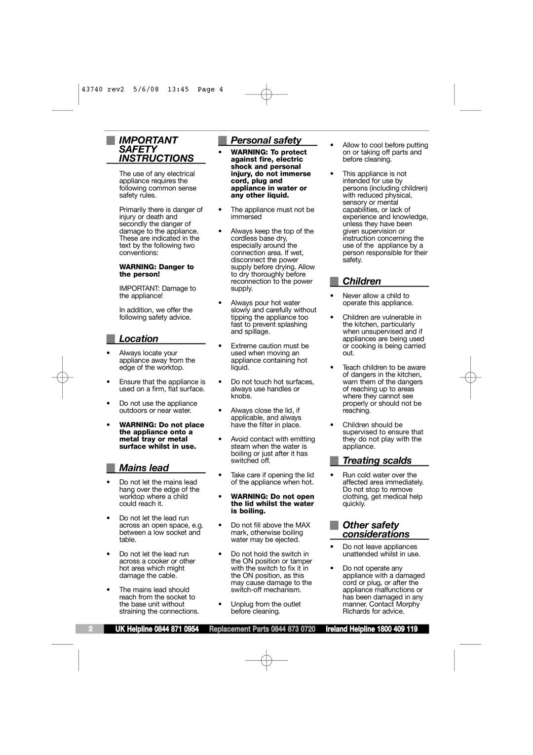 Morphy Richards KT43740 warranty Important Safety Instructions 