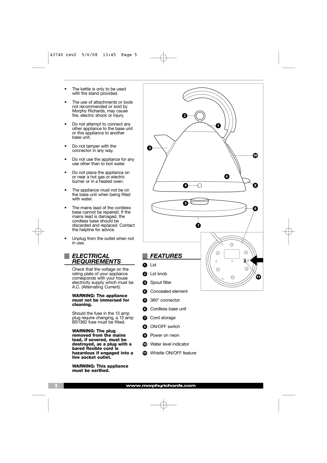 Morphy Richards KT43740 warranty Electrical Features Requirements 