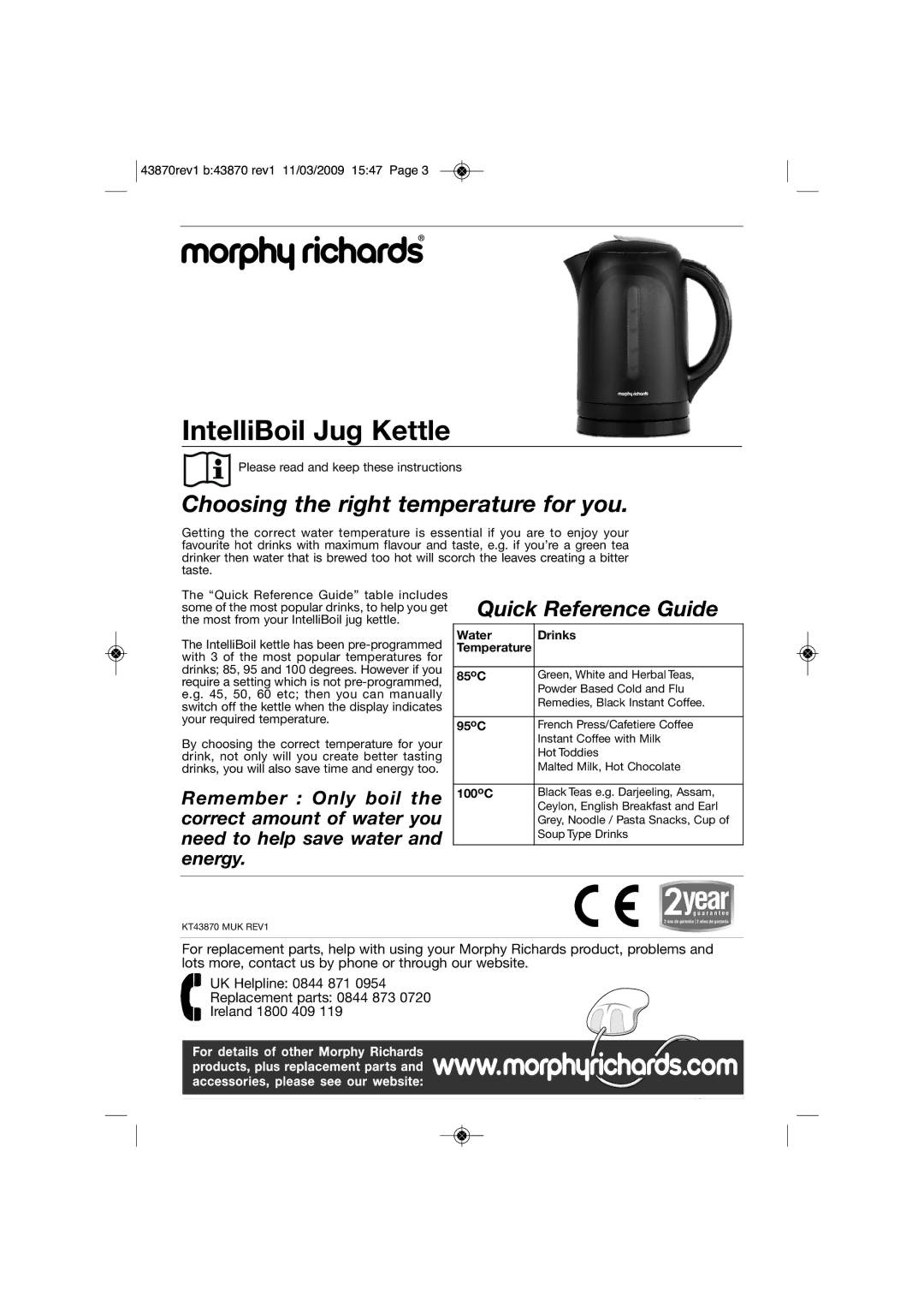 Morphy Richards KT43870 manual IntelliBoil Jug Kettle, Temperature 