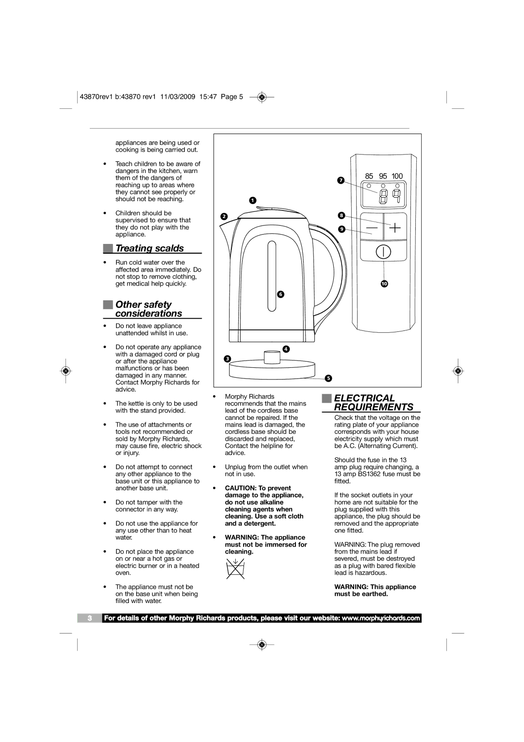 Morphy Richards KT43870 manual Treating scalds, Other safety considerations, Electrical Requirements 