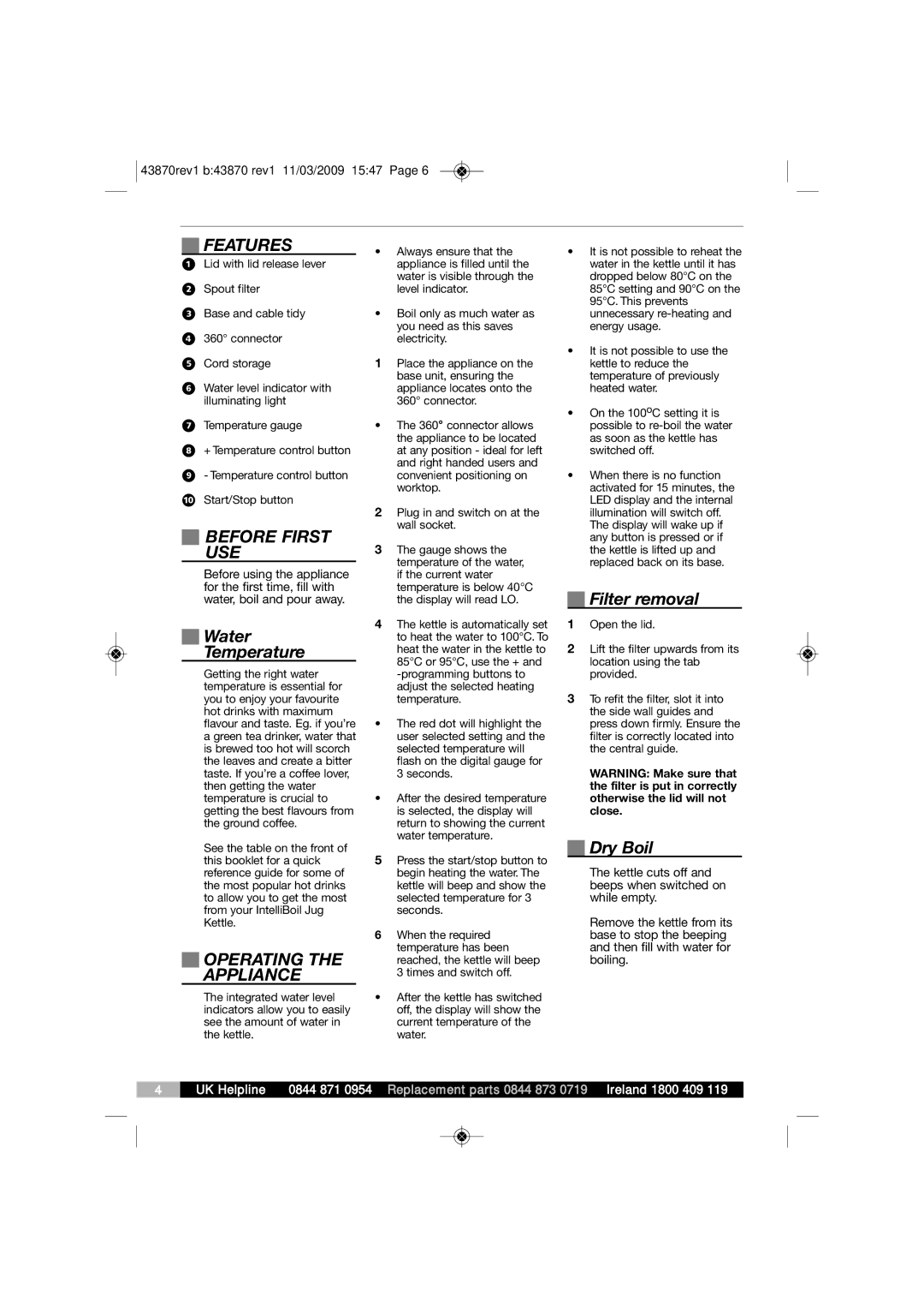 Morphy Richards KT43870 manual Features, Before First USE, Operating the Appliance 