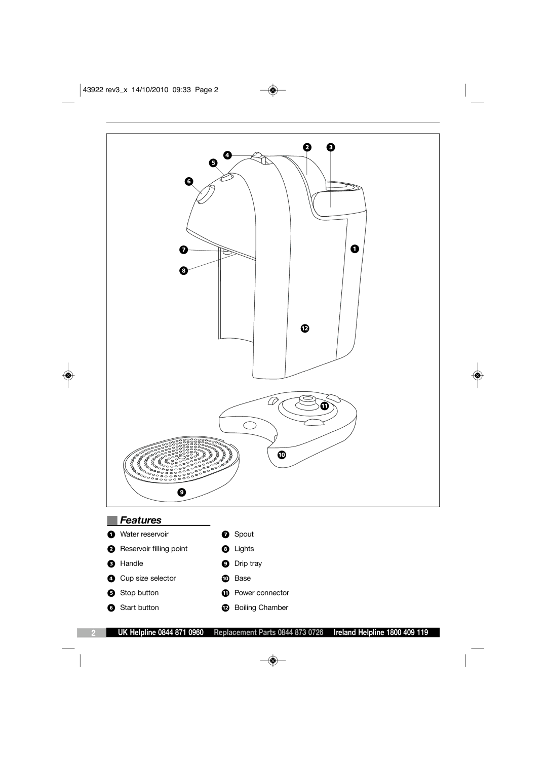 Morphy Richards KT43922 manual Features, UK Helpline 0844 871 