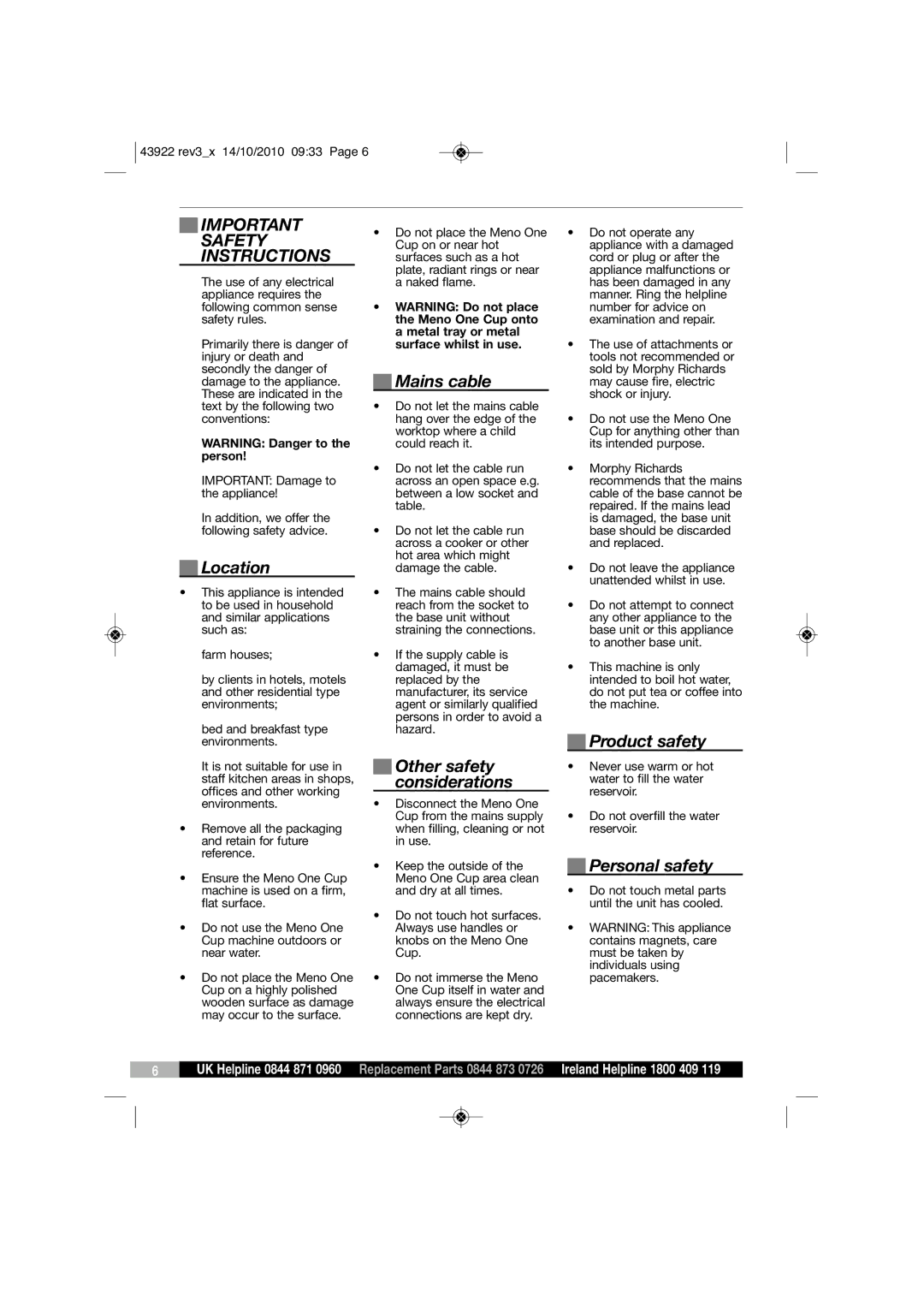 Morphy Richards KT43922 manual Safety, Instructions 