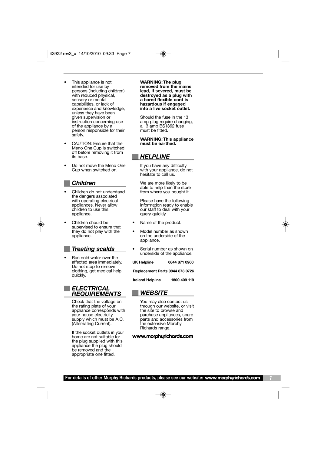 Morphy Richards KT43922 manual Helpline, Children, Treating scalds, Electrical Requirements, Website 