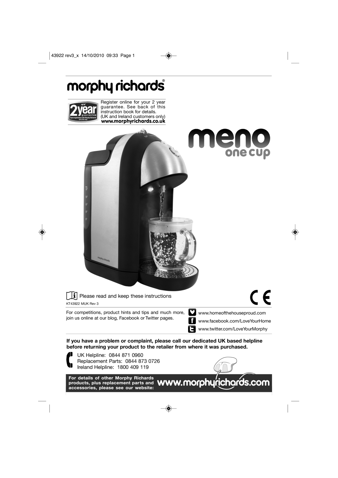 Morphy Richards KT43922 manual Please read and keep these instructions, UK Helpline 0844 871 Replacement Parts 0844 