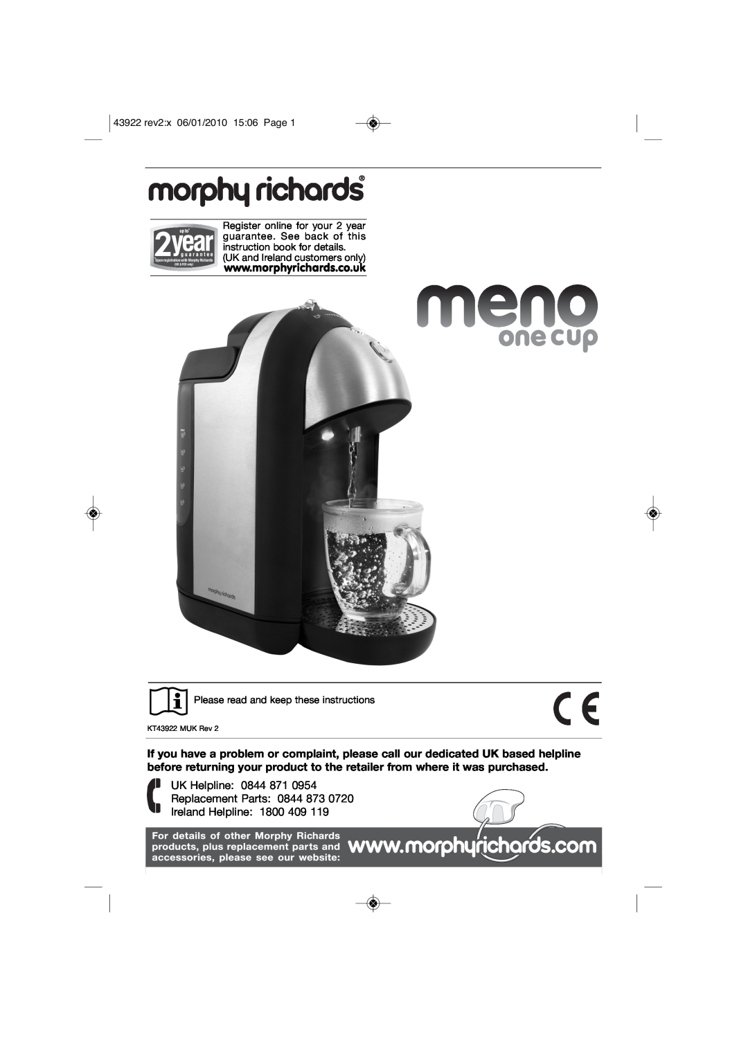 Morphy Richards KT43922 manual Please read and keep these instructions, UK Helpline 0844 871 Replacement Parts 0844 