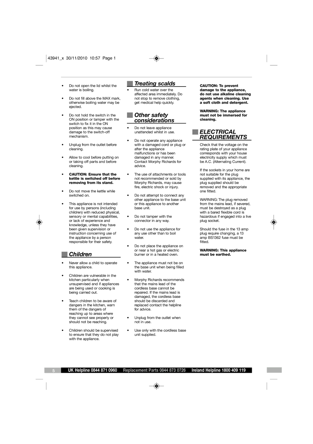 Morphy Richards KT43941 MUK Rev 1 manual Children, Treating scalds, Other safety considerations, Electrical Requirements 