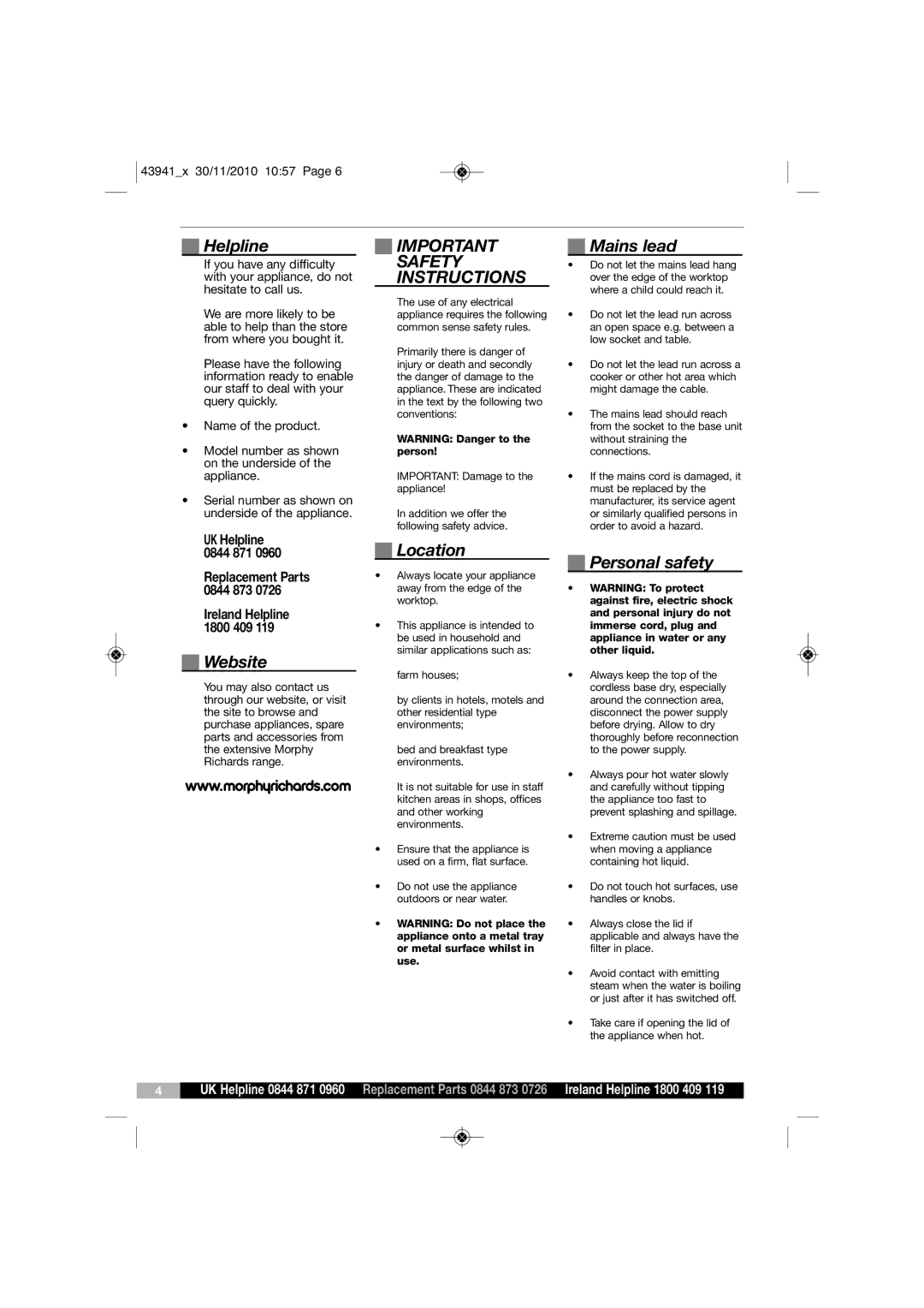 Morphy Richards KT43941 MUK Rev 1 manual Safety, Instructions 