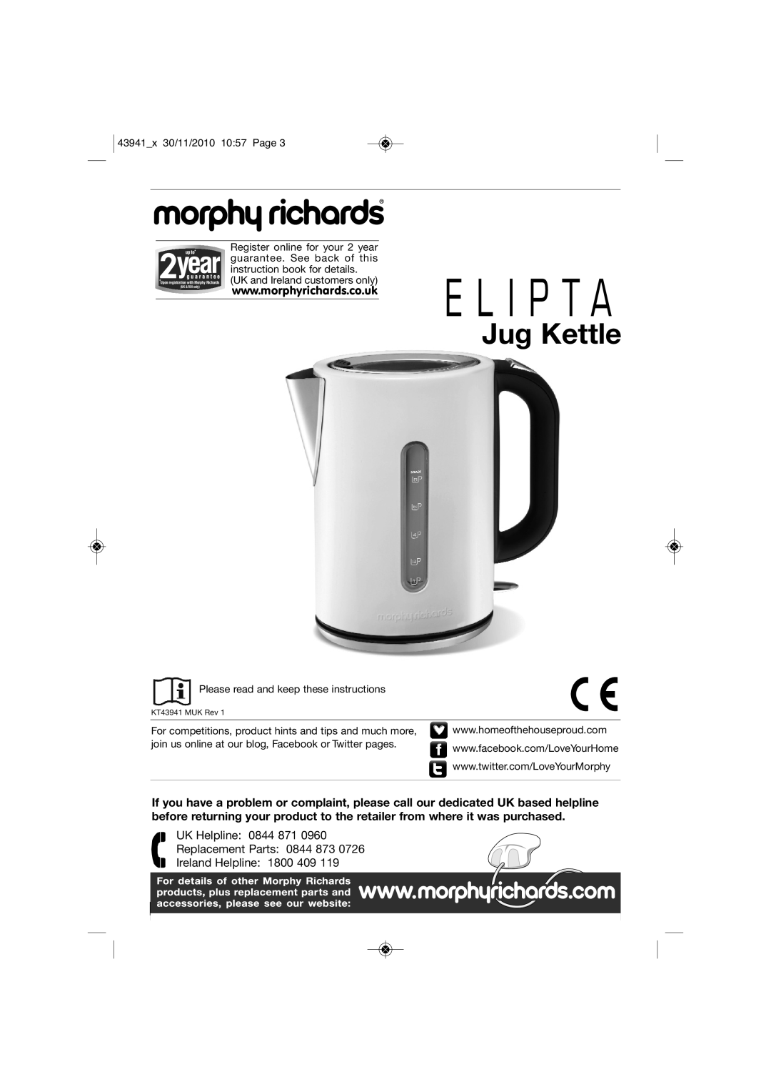 Morphy Richards KT43941 MUK Rev 1 manual For details ofother Morphy Richards products, please see our website, Jug Kettle 