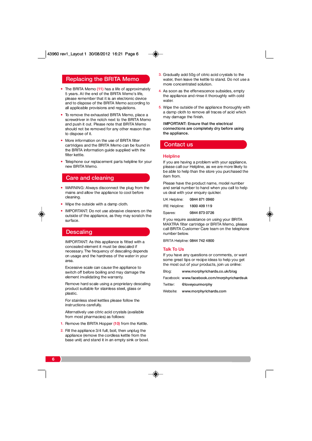 Morphy Richards KT43960 MUK manual Replacing the Brita Memo, Care and cleaning, Descaling, Contact us 