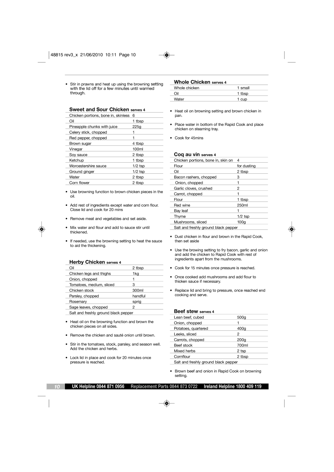 Morphy Richards MC48815 manual Whole Chicken serves, Sweet and Sour Chicken serves, Herby Chicken serves, Coq au vin serves 