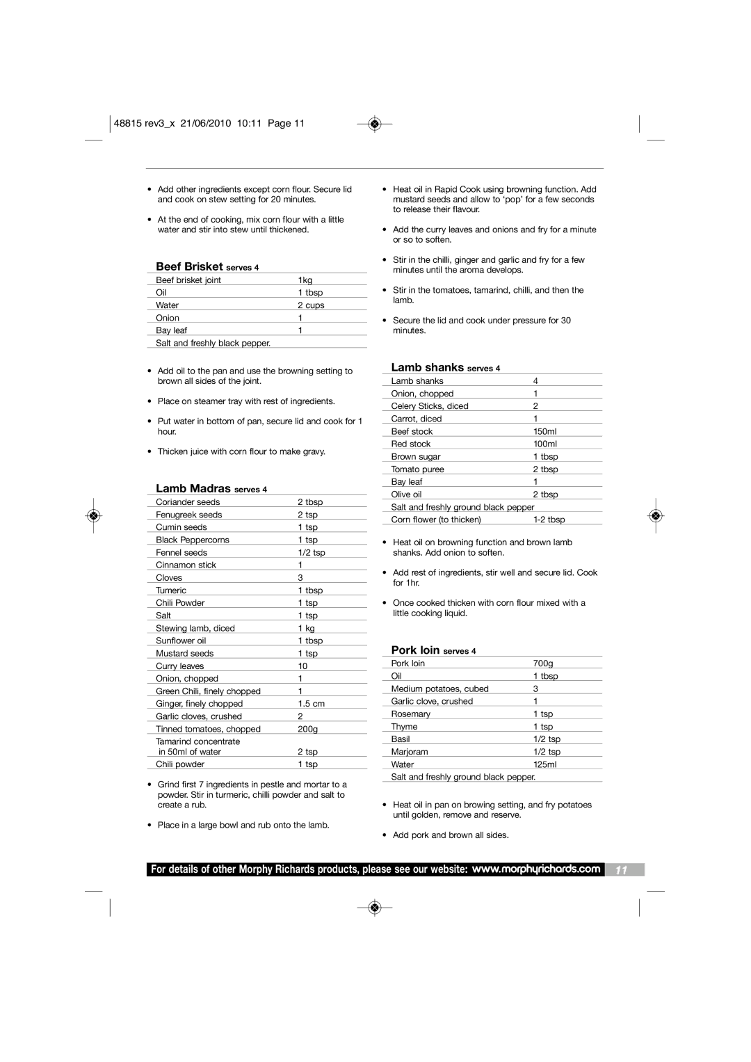 Morphy Richards MC48815 manual Beef Brisket serves, Lamb Madras serves, Lamb shanks serves, Pork loin serves 