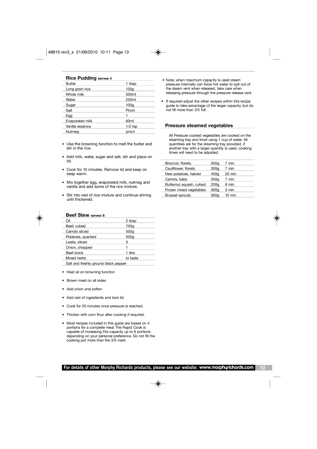 Morphy Richards MC48815 Rice Pudding serves, Pressure steamed vegetables, Use the browning function to melt the butter 