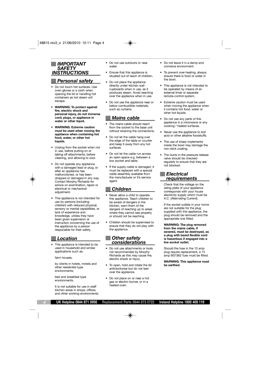 Morphy Richards MC48815 manual Personal safety, Mains cable, Electrical, Requirements, Children, Location Other safety 