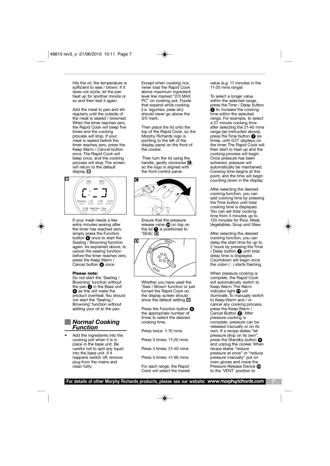Morphy Richards MC48815 manual Normal Cooking Function, Value e.g minutes in the 11-20 mins range 