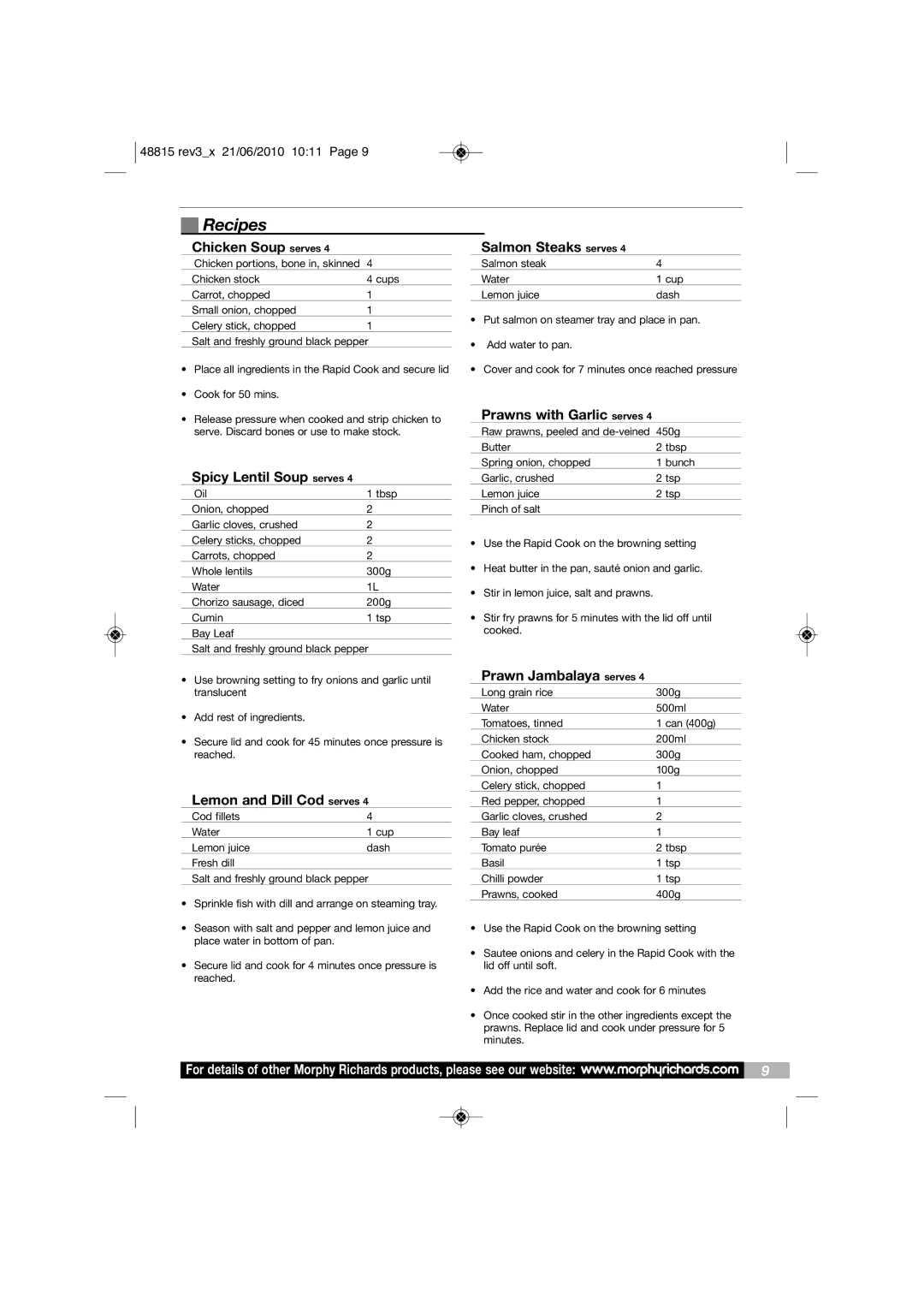 Morphy Richards MC48815 manual Recipes 