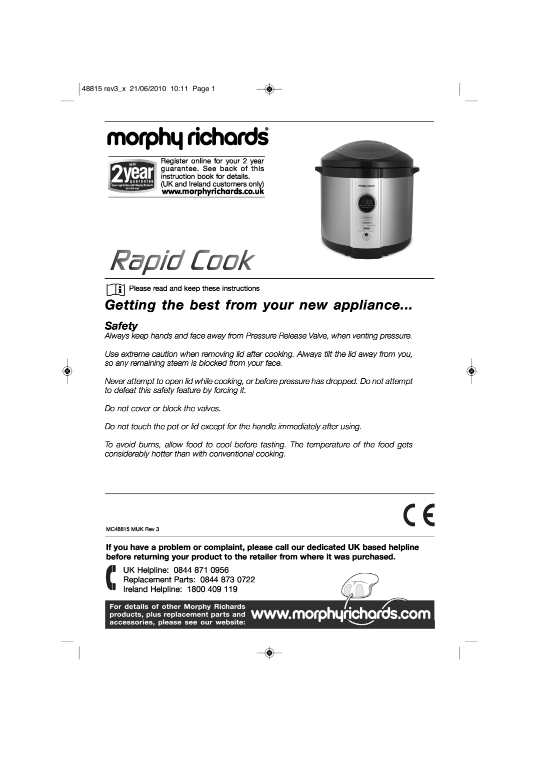 Morphy Richards MC48815 manual Getting the best from your new appliance, Safety 