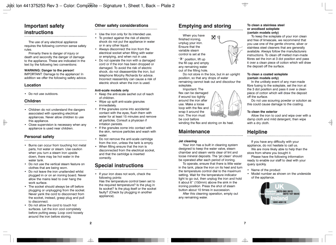 Morphy Richards NO NUMBER Important safety instructions, Emptying and storing, MaintenanceHelpline, Special instructions 