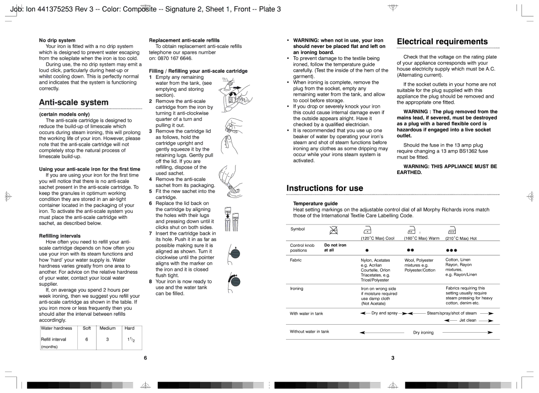 Morphy Richards NO NUMBER manual Anti-scale system, Electrical requirements, Instructions for use 