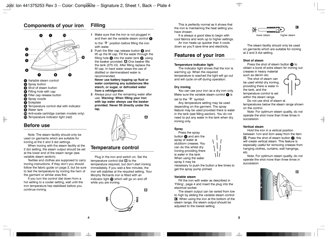 Morphy Richards NO NUMBER manual Components of your iron, Before use, Filling, Temperature control, Features of your iron 