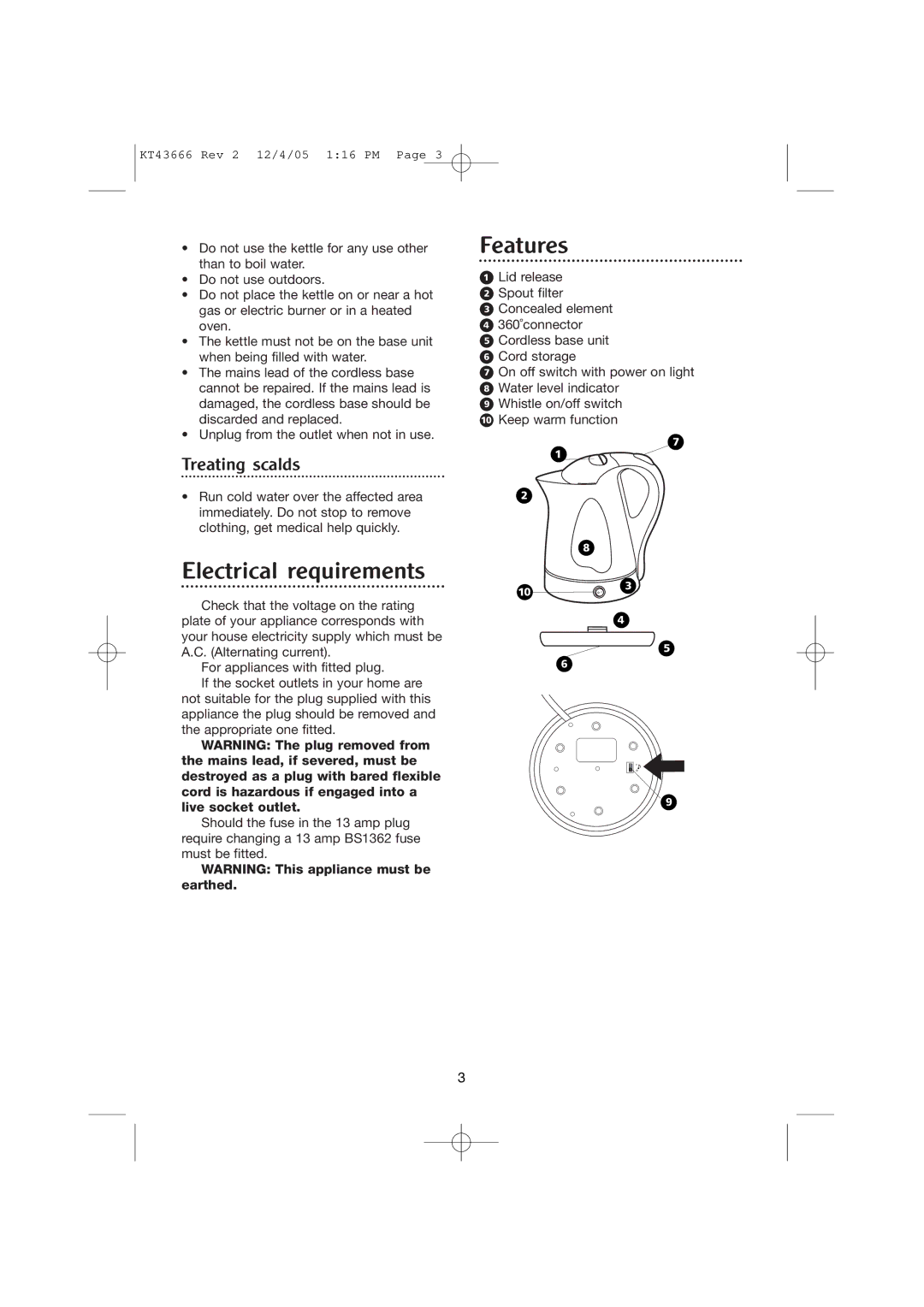 Morphy Richards Opera jug kettle manual Features, Electrical requirements, Treating scalds 