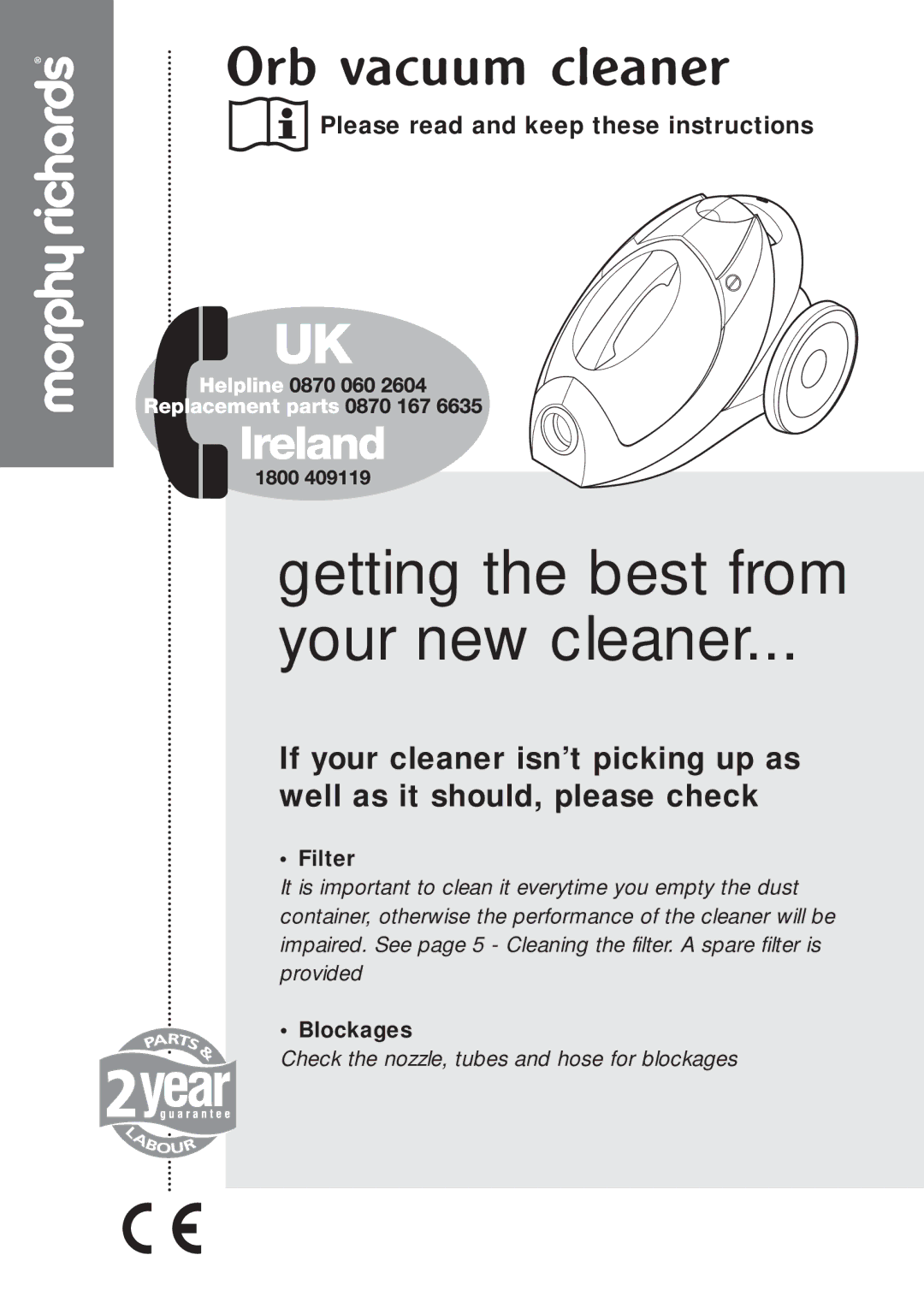 Morphy Richards Orb vacuum cleaner manual Getting the best from Your new cleaner 