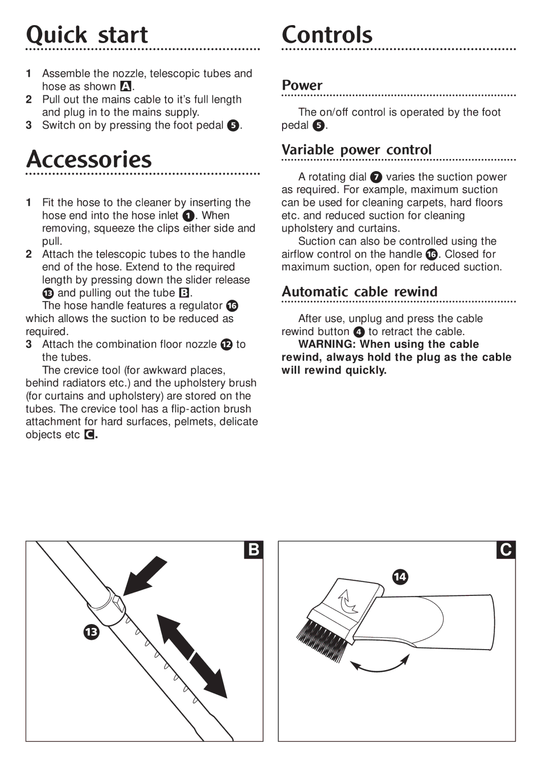 Morphy Richards Orb vacuum cleaner manual Quick start, Accessories, Controls 