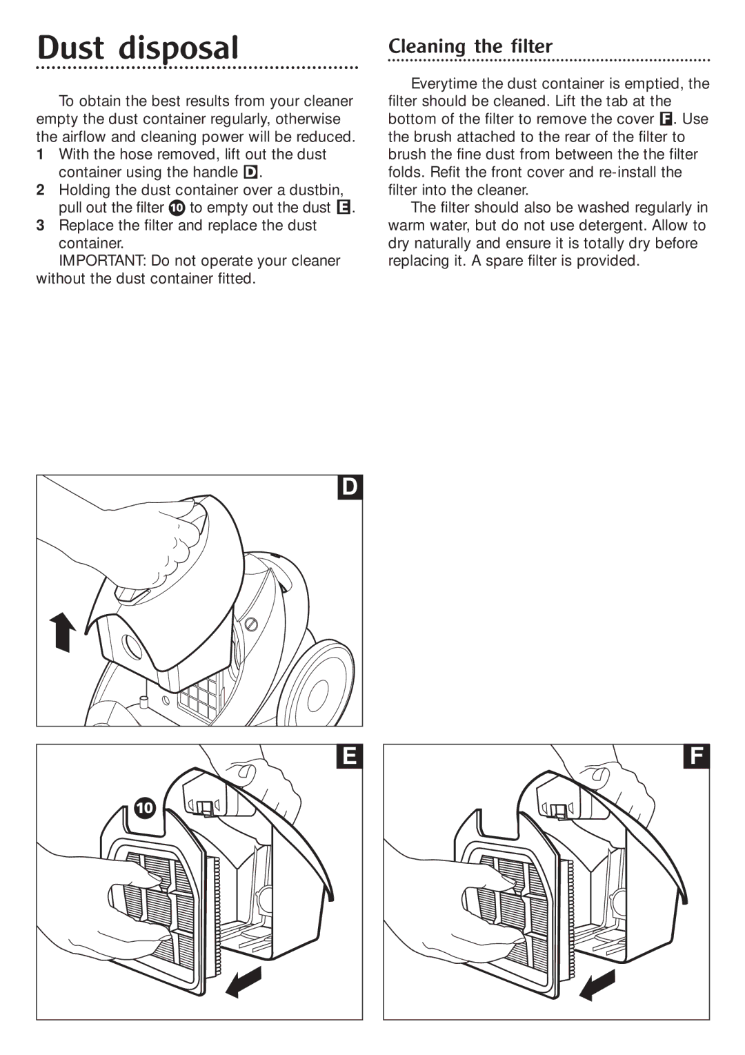 Morphy Richards Orb vacuum cleaner manual Dust disposal, Cleaning the filter 