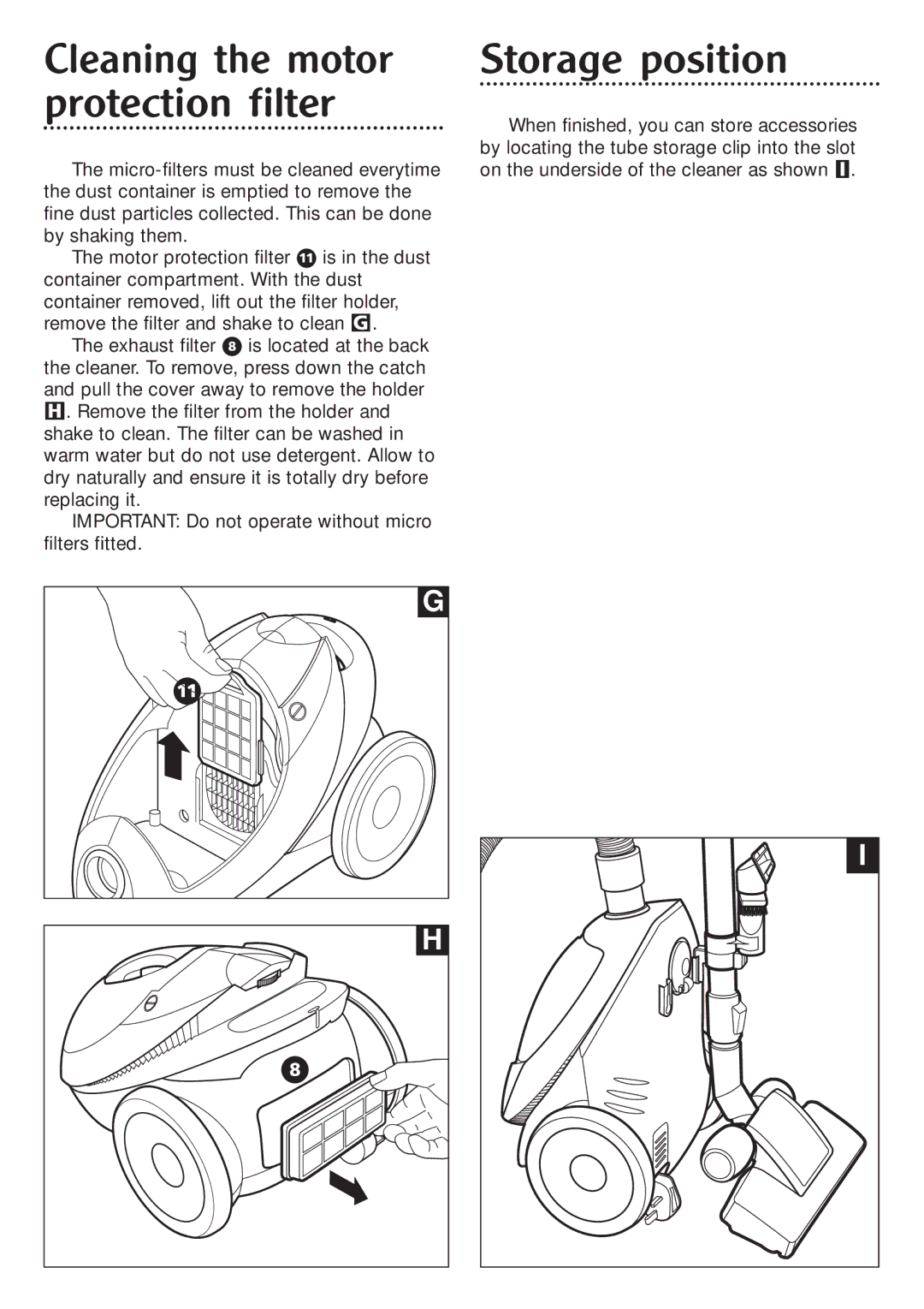 Morphy Richards Orb vacuum cleaner manual Cleaning the motor protection filter, Storage position 