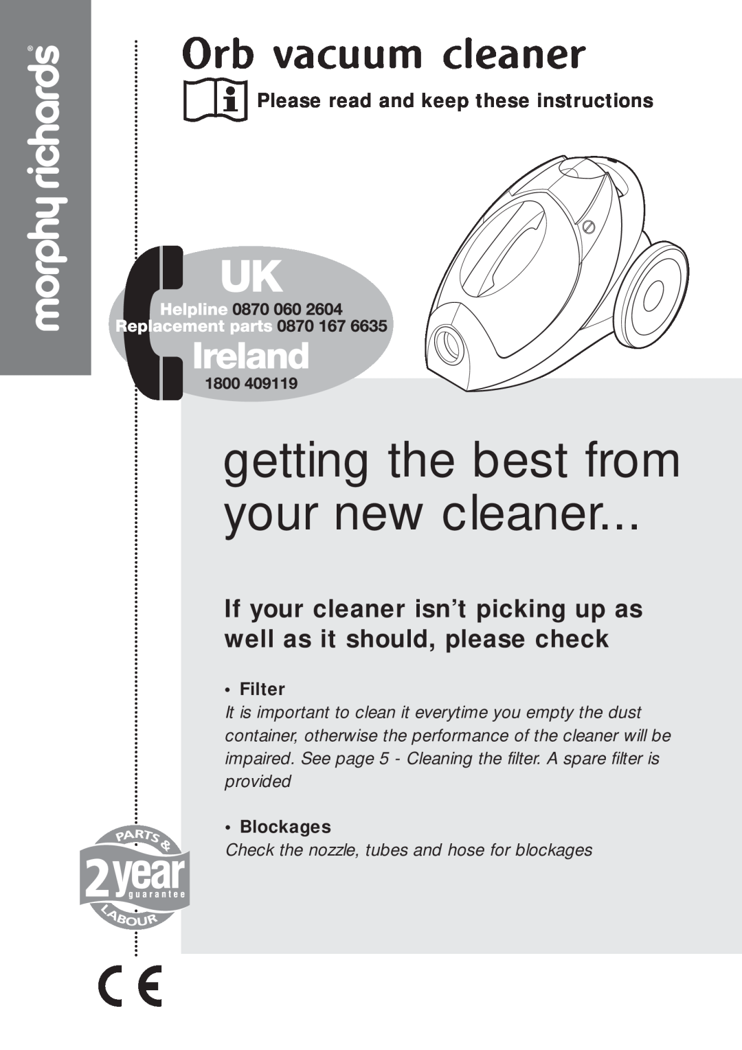 Morphy Richards Orb vacuum cleaner manual getting the best from your new cleaner, Please read and keep these instructions 