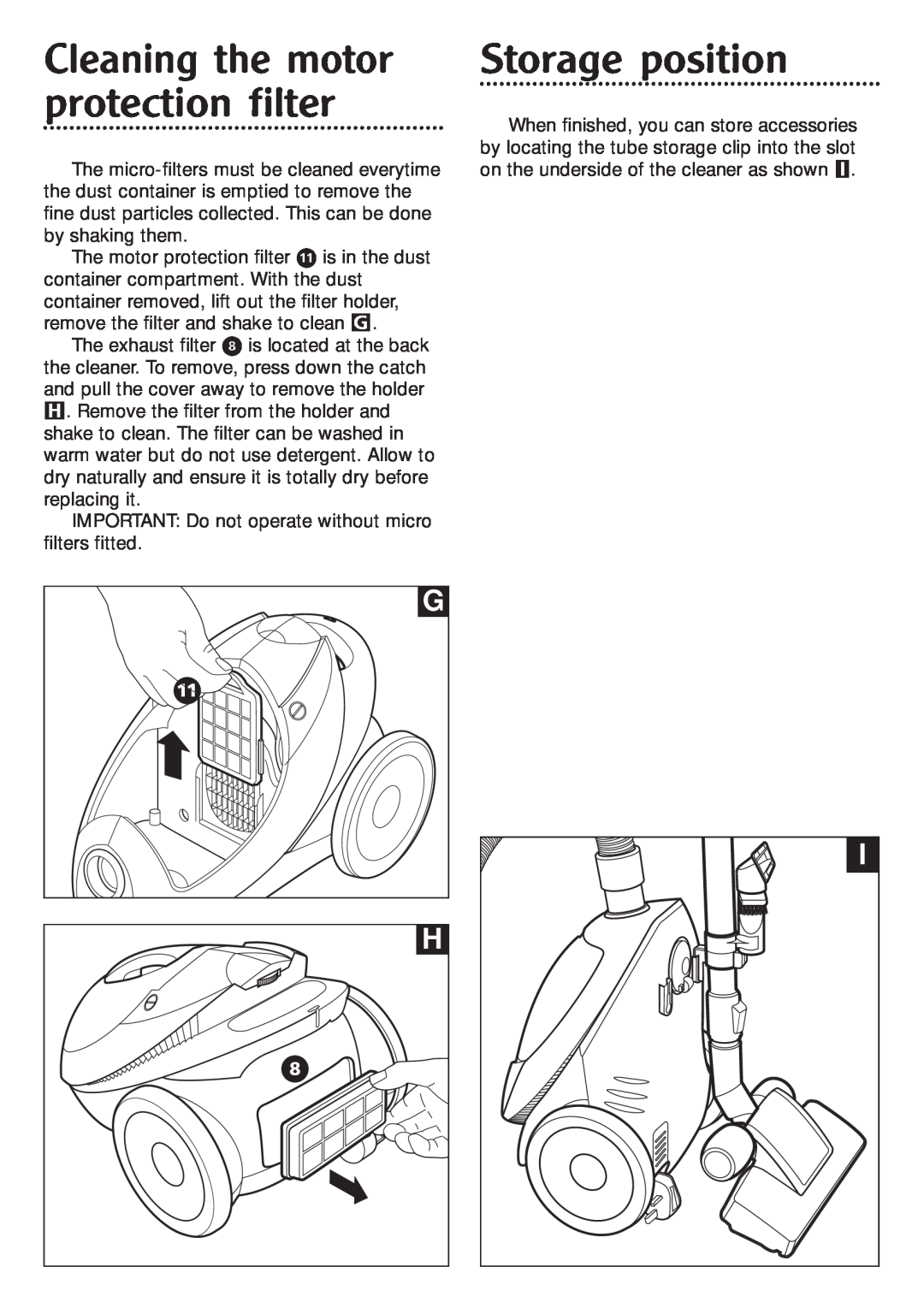 Morphy Richards Orb vacuum cleaner manual Cleaning the motor protection filter, Storage position 