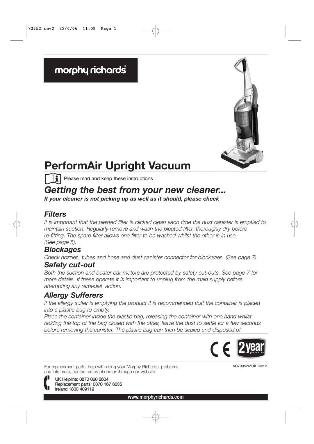 Morphy Richards PerformAir Upright Vacuum manual 