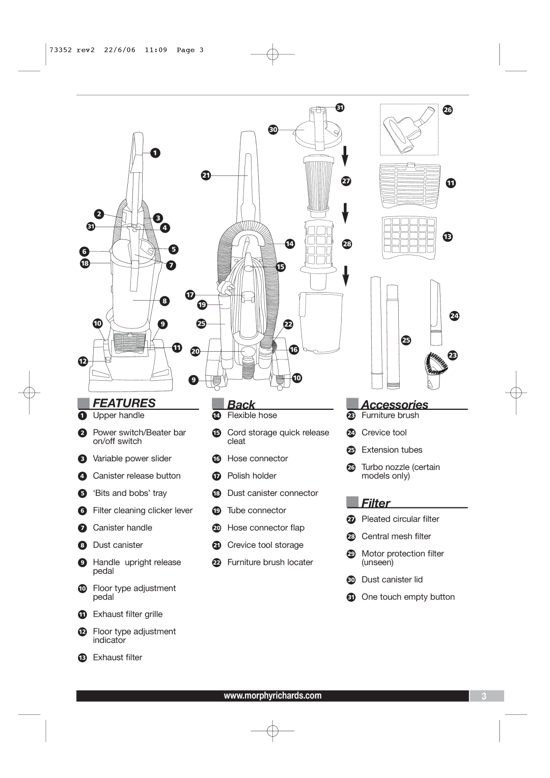 Morphy Richards PerformAir Upright Vacuum manual Features, Back Accessories, Filter 