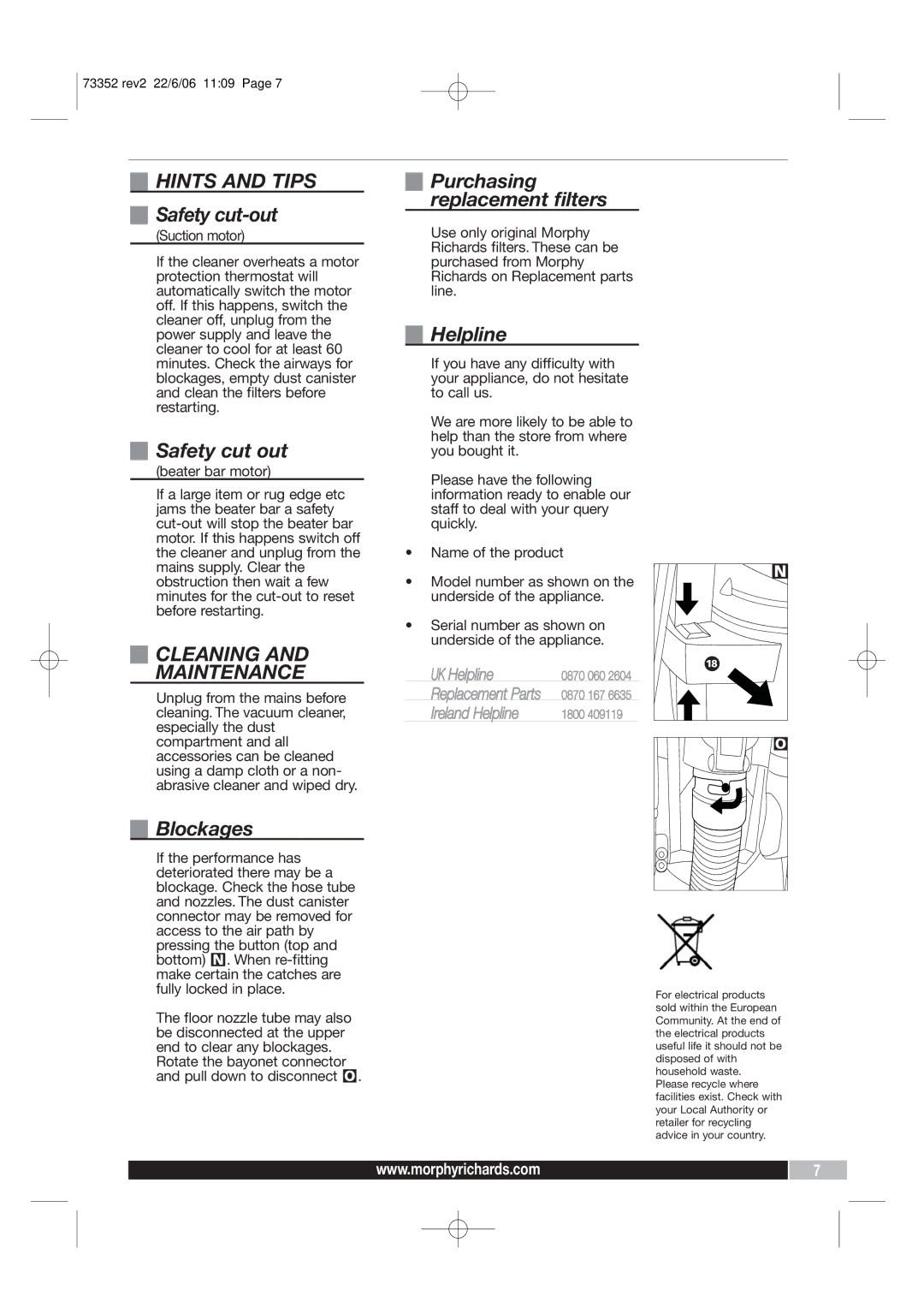 Morphy Richards PerformAir Upright Vacuum manual Hints and Tips, Cleaning and Maintenance 