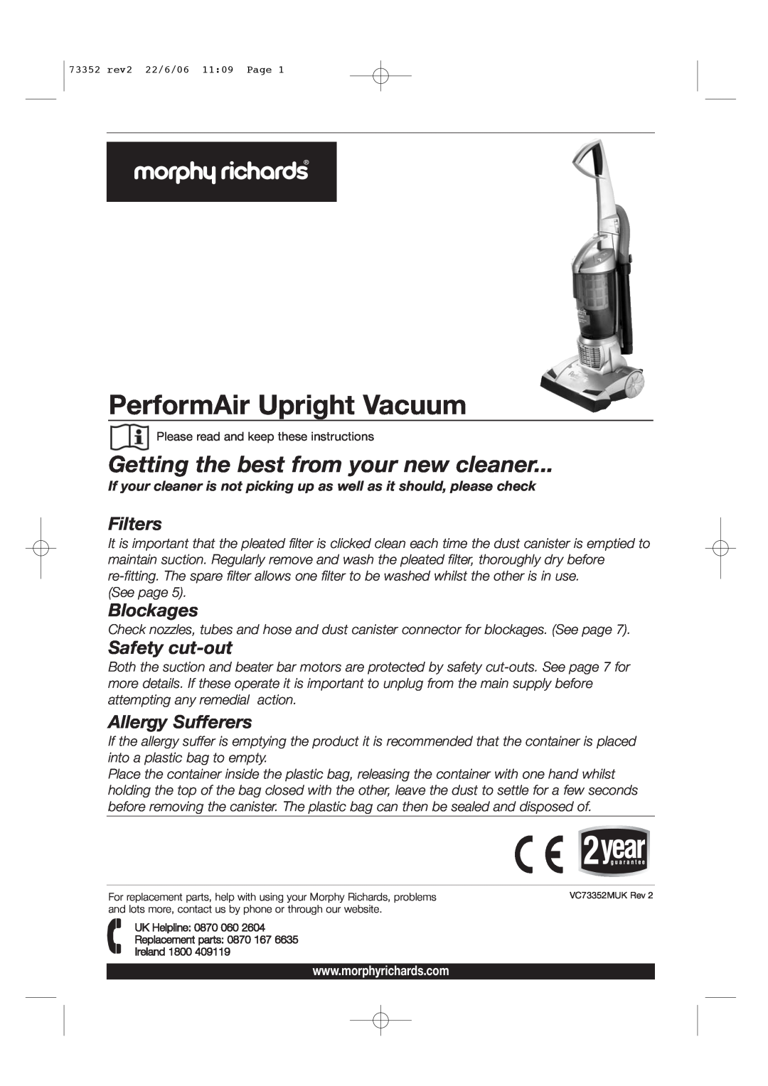 Morphy Richards PerformAir Upright Vacuum manual Getting the best from your new cleaner, Filters, Blockages 