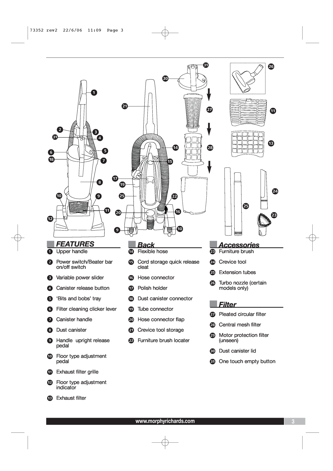 Morphy Richards PerformAir Upright Vacuum manual Features, Back, Accessories, Filter 