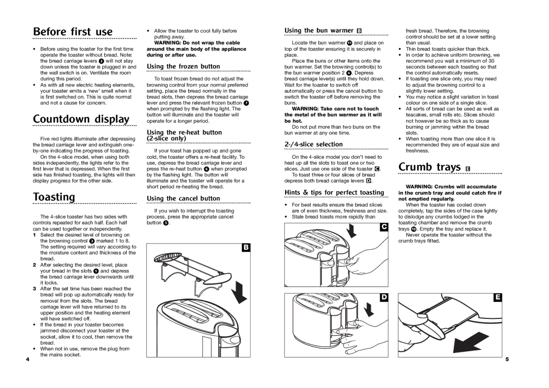 Morphy Richards pmn manual Before first use, Countdown display, Toasting, Crumb trays E 