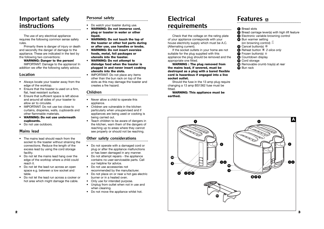 Morphy Richards pmn manual Features A, Location, Personal safety, Children, Mains lead, Other safety considerations, · ‡ﬂﬁ 