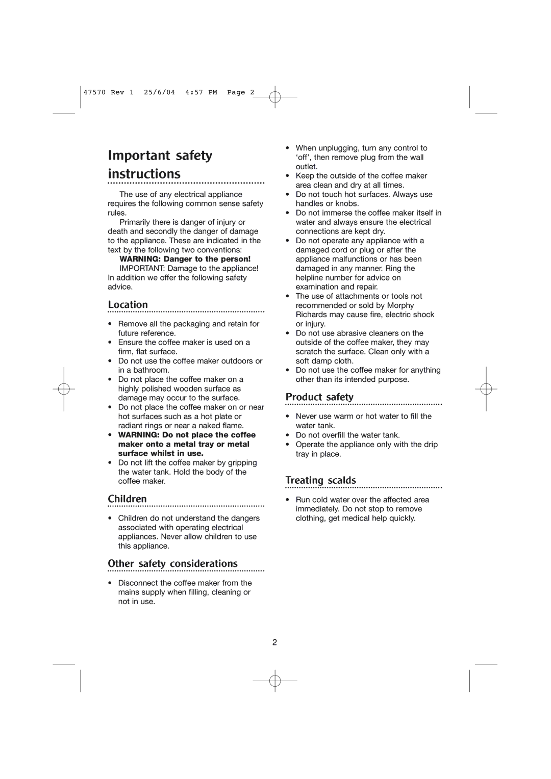 Morphy Richards Pump action espresso manual Important safety instructions 