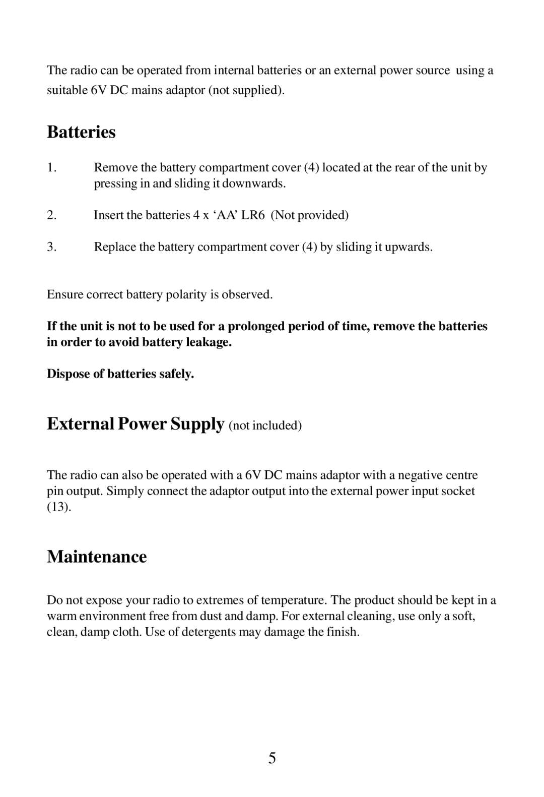 Morphy Richards Radio operating instructions Batteries, External Power Supply not included, Maintenance 