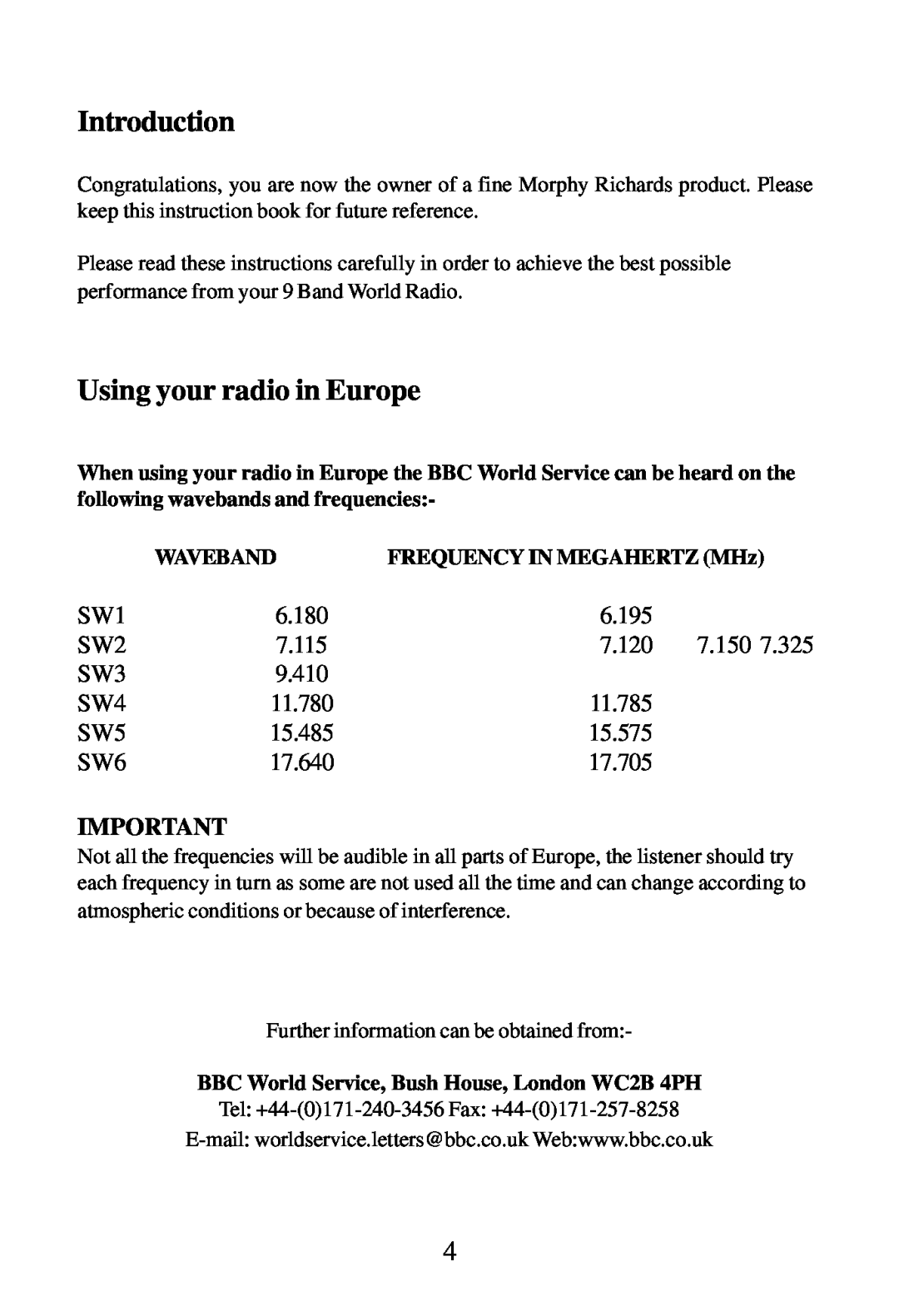 Morphy Richards Radio operating instructions Introduction, Using your radio in Europe 