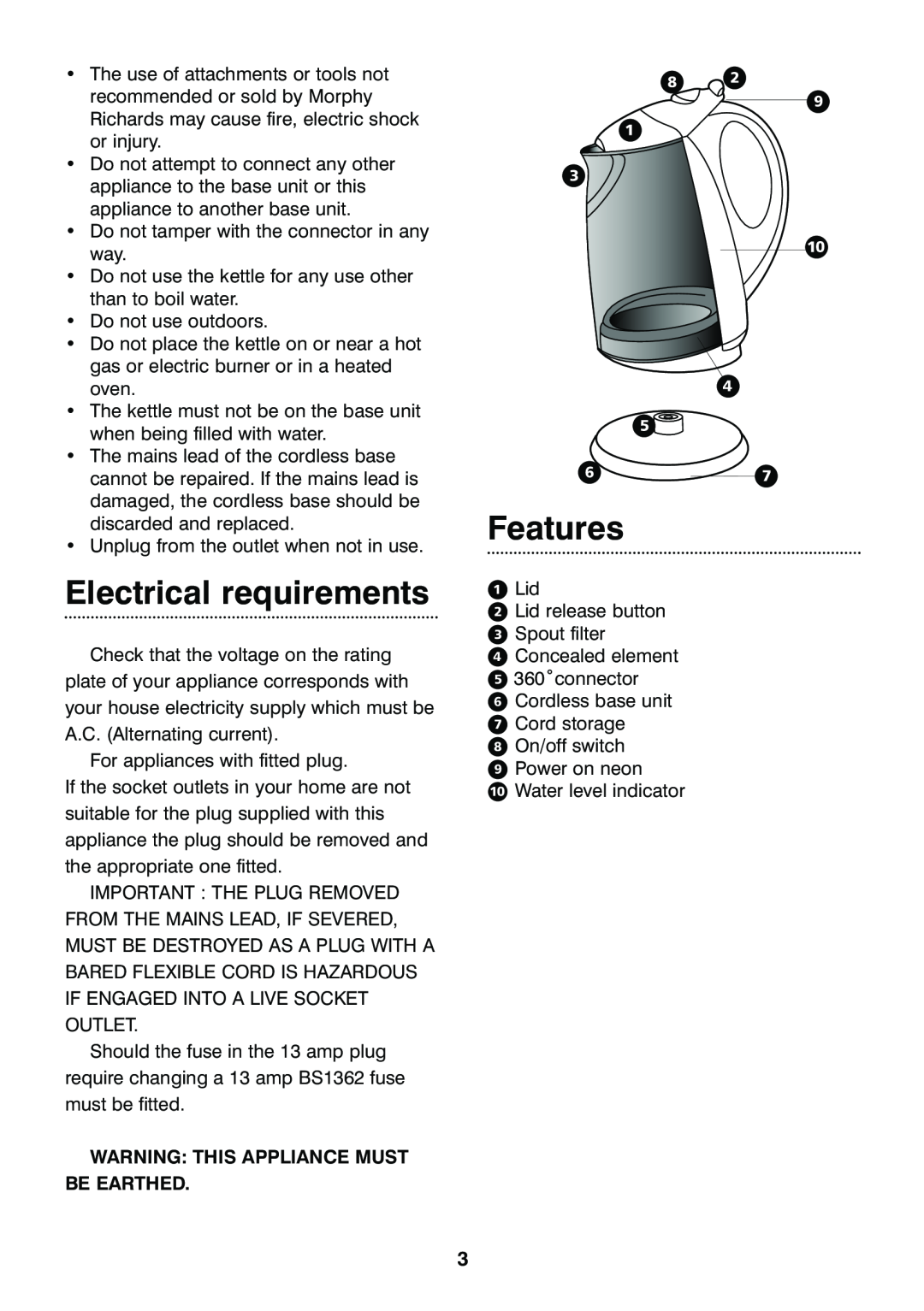 Morphy Richards Reflect glass kettle manual Electrical requirements, Features, Warning This Appliance Must Be Earthed 