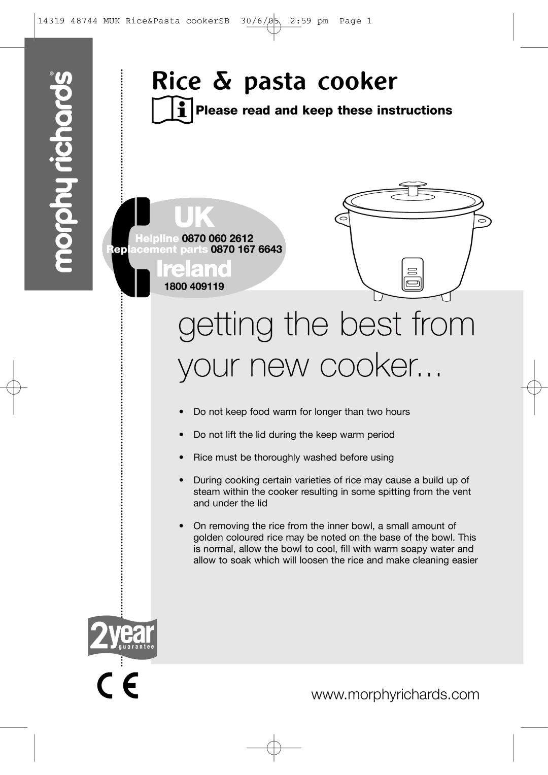 Morphy Richards Rice & Pasta Cooker manual Getting the best from Your new cooker 