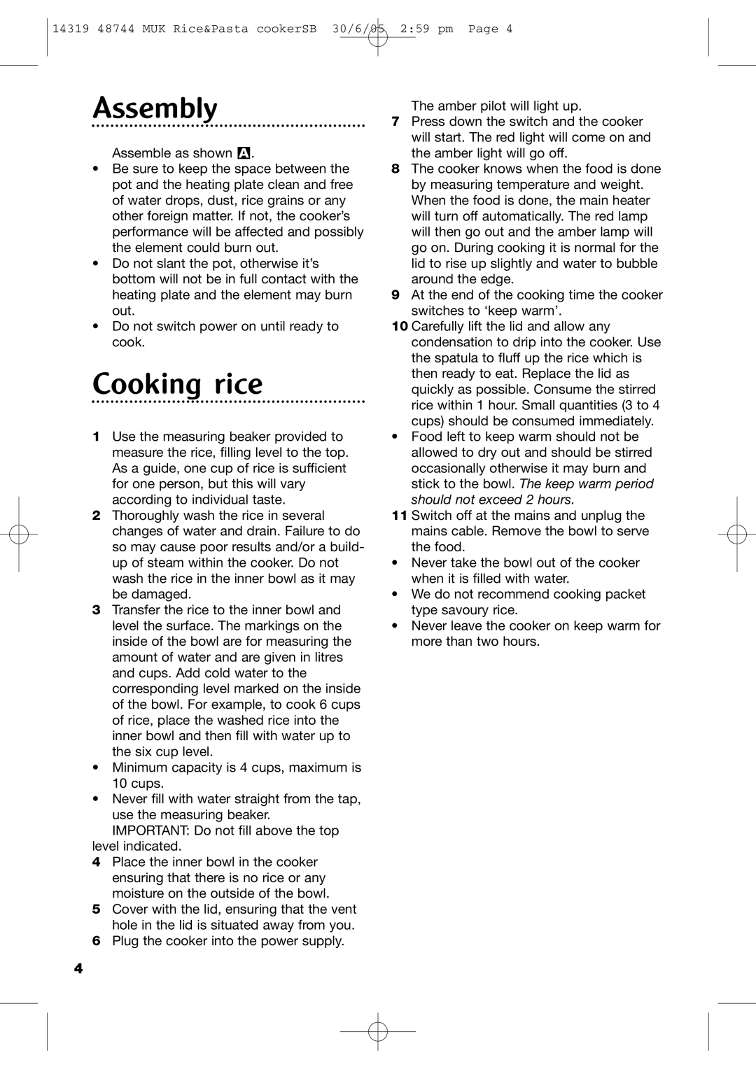 Morphy Richards Rice & Pasta Cooker manual Assembly, Cooking rice 