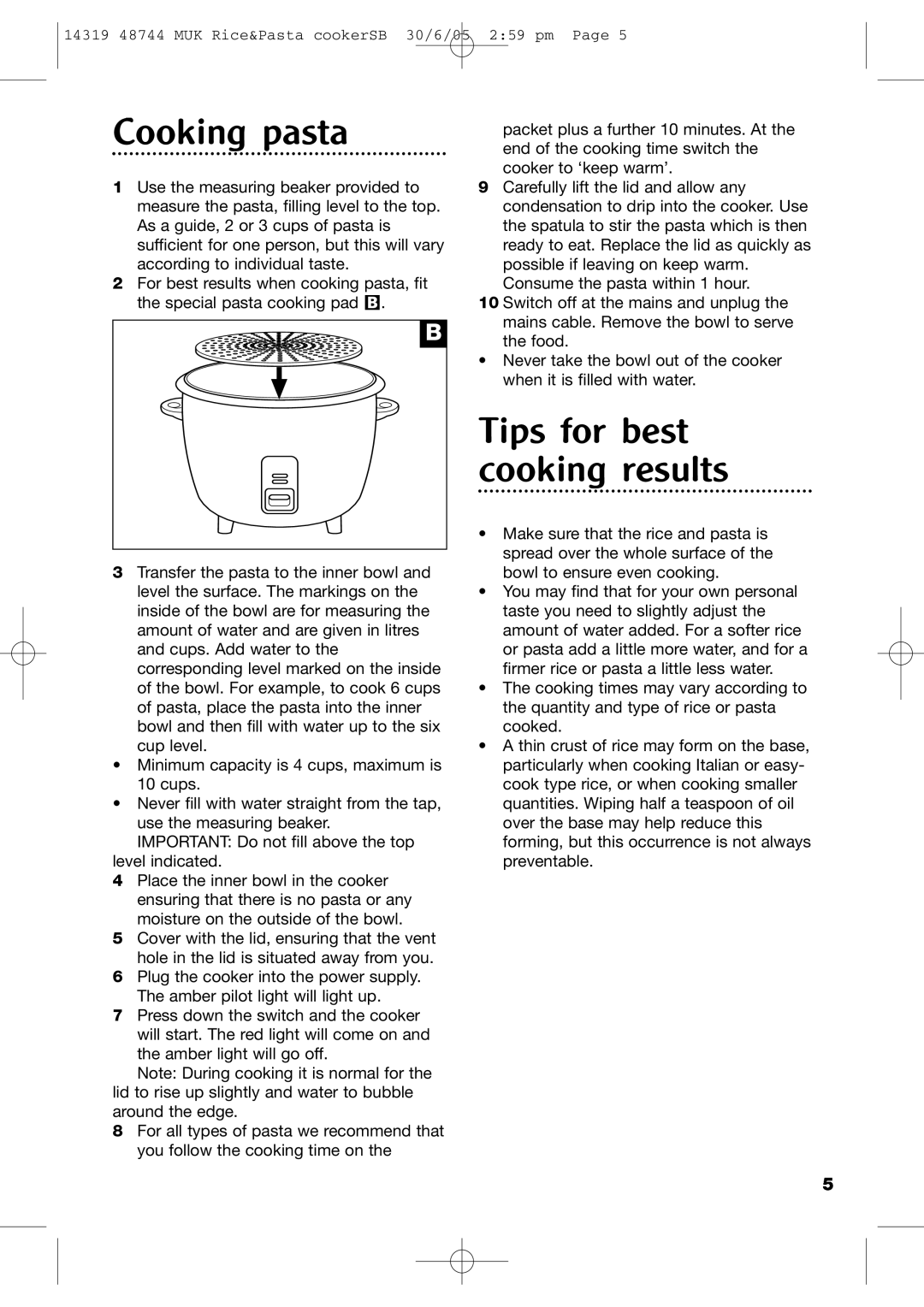 Morphy Richards Rice & Pasta Cooker manual Cooking pasta, Tips for best cooking results 